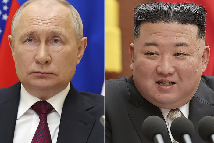 In side-by-side photos: Russian President Vladimir Putin listens during a meeting in Moscow, Aug. 23, and North Korean leader Kim Jong Un speaks during a meeting of the ruling Workers' Party at its headquarters in Pyongyang, North Korea, in early 2023.