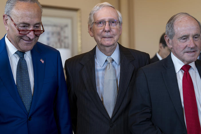 Senate Minority Leader Mitch McConnell, R-Ky., center, is joined by Senate Majority Leader Chuck Schumer, D-N.Y., left, and Senate Foreign Relations Committee Ranking Member Jim Risch, R-Idaho, right, on July 27. On Wednesday McConnell appeared to freeze while talking to reporters at a Kentucky event.