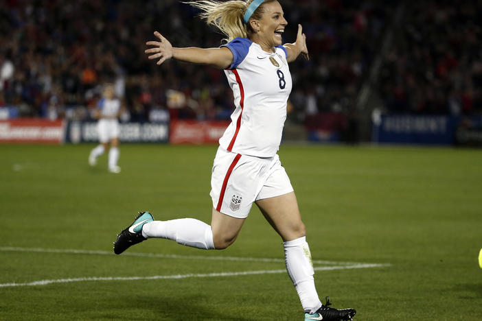 U.S. defender Julie Ertz celebrates after scoring a goal against New Zealand during the first half of an international friendly soccer match in Commerce City, Colo., on Sept. 15, 2017. The 2-time U.S. Soccer Player of the Year has retired from soccer after a 10-year career that included back to back Women's World Cup titles and two U.S. Soccer Female Player of the Year awards.