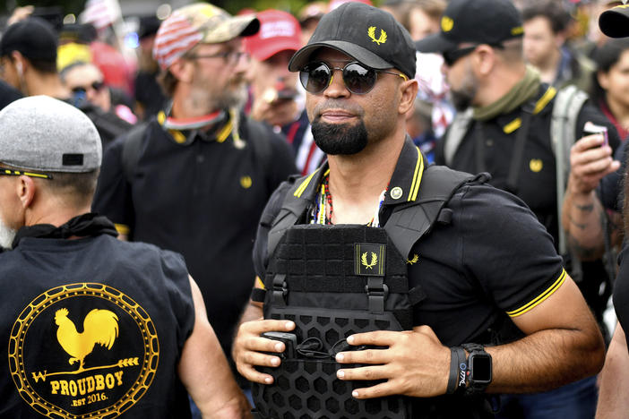 Proud Boys chairman Enrique Tarrio rallies in Portland, Ore., on Aug. 17, 2019.