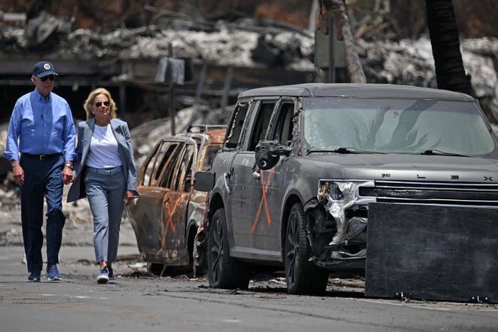 President Biden and first lady Jill Biden view damage caused by wildfires in Lahaina, Hawaii on August 21, 2023. The president is expected to travel to see hurricane damage Florida on Saturday.