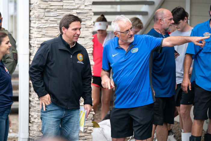 Gov. Ron DeSantis arrives for a press conference in the aftermath of Hurricane Idalia on Thursday in Steinhatchee, Fla.