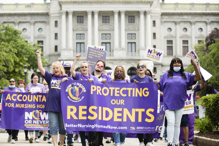 SEIU nursing home workers rally outside Pennsylvania's capitol in Harrisburg in 2022. The union is praising a proposed rule released Tuesday that would increase staffing levels.