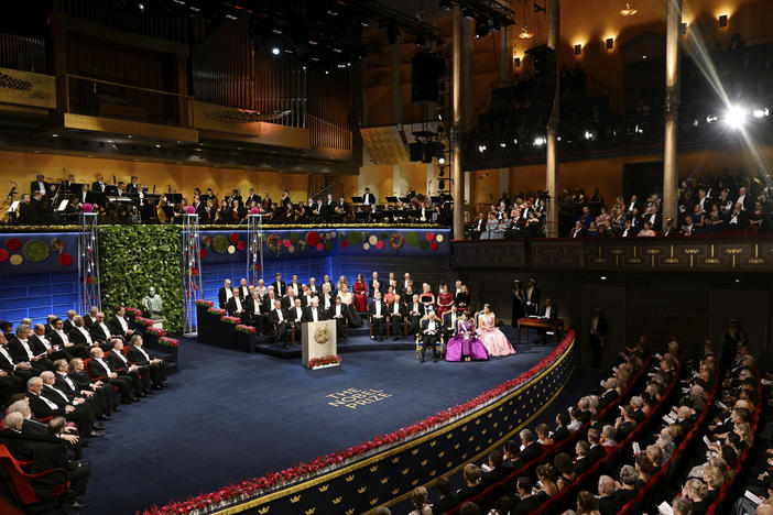 The Nobel laureates and the royal family of Sweden during the Nobel Prize award ceremony at the Concert Hall in Stockholm on Dec. 10 2022. The Nobel Foundation has withdrawn its invitation for representatives of Russia, Belarus and Iran to attend this year's award ceremonies.