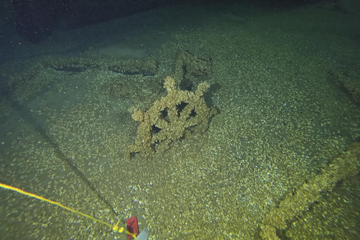 This July 2023 photo provided by State Historical Society of Wisconsin shows the schooner Trinidad's wheel.