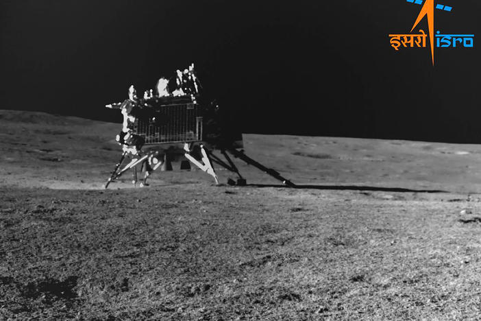 This image provided by the Indian Space Research Organisation (ISRO) shows Vikram lander as seen by the navigation camera on Pragyan Rover on Aug. 30, 2023.