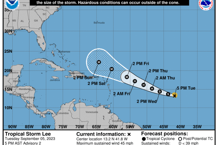 This National Hurricane Center graphic, produced at 4 p.m. ET on Tuesday, Sept. 5, 2023, shows the projected path and strengthening of Tropical Storm Lee as it moves across the Atlantic Ocean