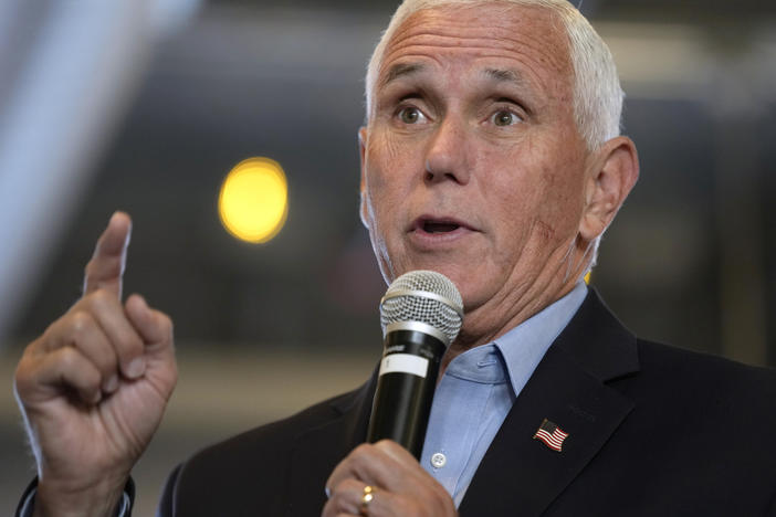 Republican presidential candidate former Vice President Mike Pence speaks at the Northside Conservatives Club Meeting, on Aug. 30 in Iowa.