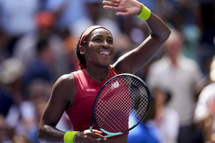 Coco Gauff, of the United States, reacts to the crowd after defeating Jelena Ostapenko, of Latvia, during the quarterfinals of the U.S. Open tennis championships, Tuesday, Sept. 5, 2023, in New York.