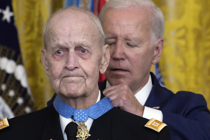 President Joe Biden awards the Medal of Honor to Capt. Larry Taylor, an Army pilot from the Vietnam War who risked his life to rescue a reconnaissance team that was about to be overrun by the enemy, during a ceremony Tuesday, Sept. 5, 2023, at the White House.