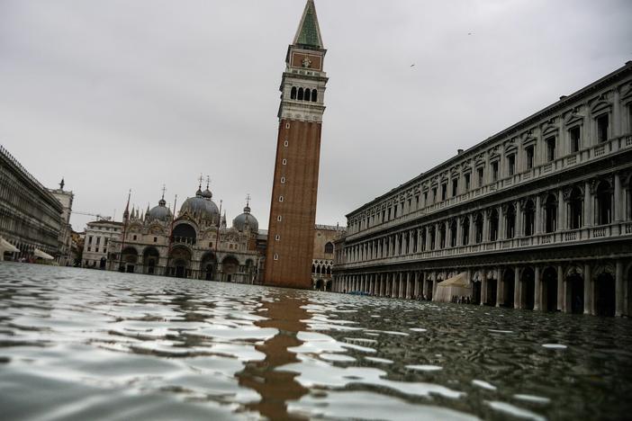 The flooded St. Mark's Square on Nov. 15, 2019, in Venice, two days after the city suffered a high tide.