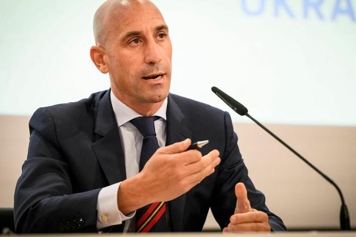 Spain soccer federation President Luis Rubiales speaks during a news conference in Nyon, Switzerland, on Oct. 5, 2022.