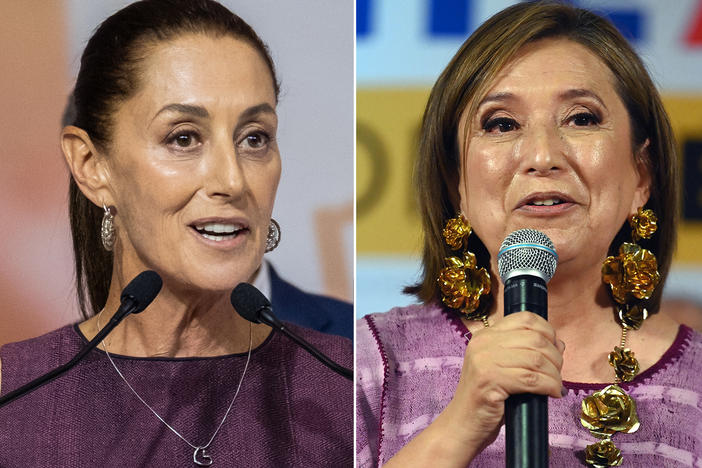 Left: Claudia Sheinbaum, former mayor of Mexico City, at a rally announcing she will be the Morena party's presidential candidate in next year's election, in Mexico City on Wednesday. Right: Former Mexican Sen. Xóchitl Gálvez speaks after registering as a presidential pre-candidate for a broad opposition coalition in Mexico City on July 4.