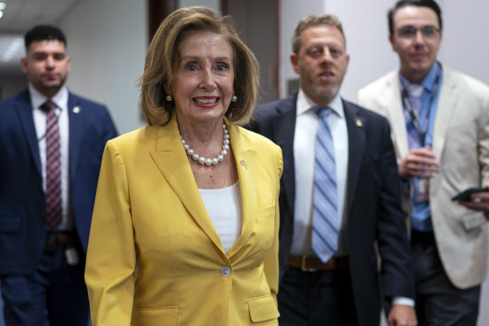 Former Speaker of the House Nancy Pelosi, D-Calif., arrives for a closed-door Democratic Caucus meeting at the Capitol in Washington on July 18.