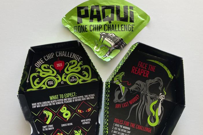 A package of Paqui OneChipChallenge spicy tortilla chips is seen on Thursday, Sept. 7, 2023, in Boston.