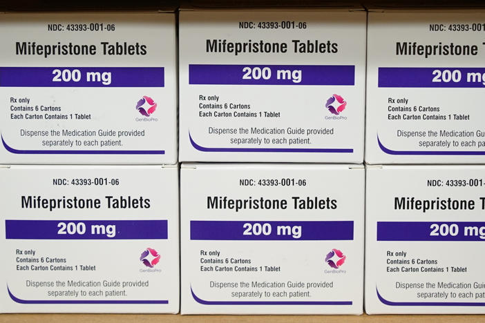 Boxes of the drug mifepristone sit on a shelf at the West Alabama Women's Center in Tuscaloosa, Ala., on March 16, 2022.