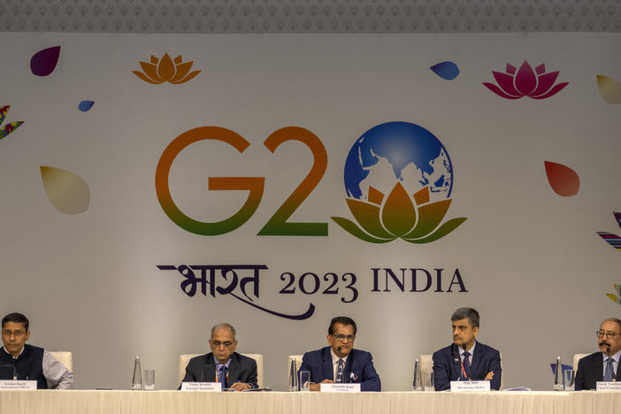 G20 Summit sherpa Amitabh Kant, center, addresses a press conference at the International Media Center ahead of the summit in New Delhi, India, Friday, Sept. 8, 2023.