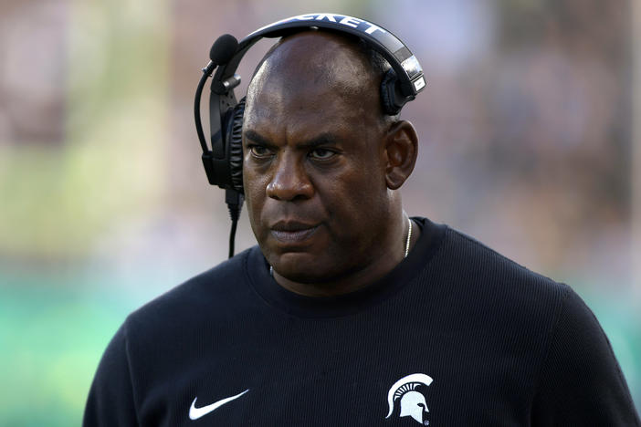 Michigan State coach Mel Tucker walks the sideline during the second half of an NCAA college football game against Richmond on Saturday in East Lansing, Mich. Michigan State won 45-14.