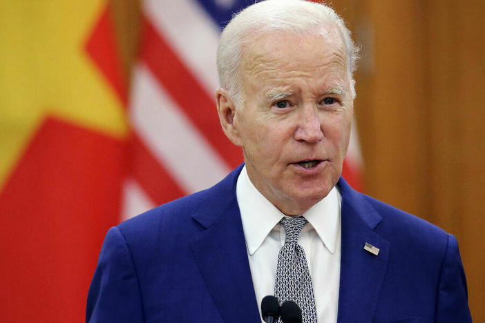 President Biden speaks to the media after a meeting with Vietnam's Communist Party General Secretary Nguyen Phu Trong at the Communist Party of Vietnam Headquarters in Hanoi on Sunday.