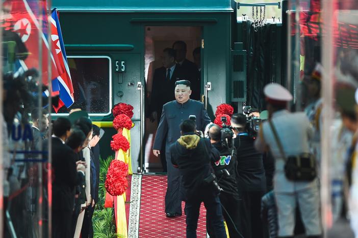 Kim Jong Un steps off his train in 2019 ahead of the U.S.-North Korea summit.
