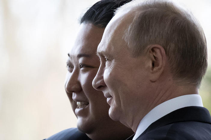 Russian President Vladimir Putin welcomes North Korean leader Kim Jong Un prior to their talks in Vladivostok on April 25, 2019. The two leaders are due to meet again in Vladivostok this week.