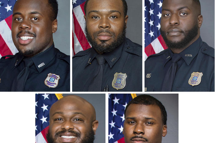This combo of images provided by the Memphis Police Department shows officers Tadarrius Bean, Demetrius Haley, Emmitt Martin III, and bottom row from left, Desmond Mills Jr. and Justin Smith. The five former officers are now facing federal civil rights charges in the beating death of Tyre Nichols as they continue to fight second-degree murder charges in state courts arising from the killing.