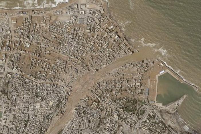 A combination image of satellite photos shows an area before and after a powerful storm and floods hit the country, in Derna, Libya, on Sept. 2 (top) and Sept. 12.