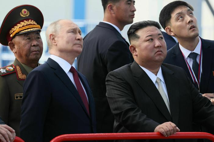 In this pool photo distributed by Sputnik agency, Russian President Vladimir Putin and North Korea's leader Kim Jong Un visit the Vostochny Cosmodrome in the Amur region on Wednesday.