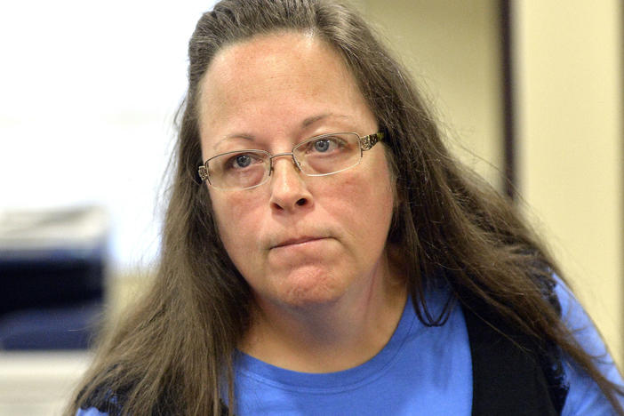Kim Davis, the former clerk in Rowan County, Ky., was ordered to pay damages to a couple whom she denied a marriage license. Davis is seen here in 2015.