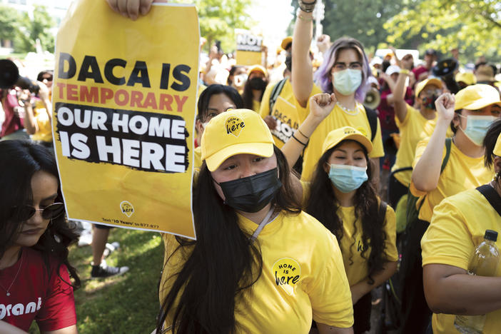 Susana Lujano, left, a dreamer from Mexico who lives in Houston, joins other activists to rally in support of the Deferred Action for Childhood Arrivals program, also known as DACA, at the Capitol in Washington, Wednesday, June 15, 2022.