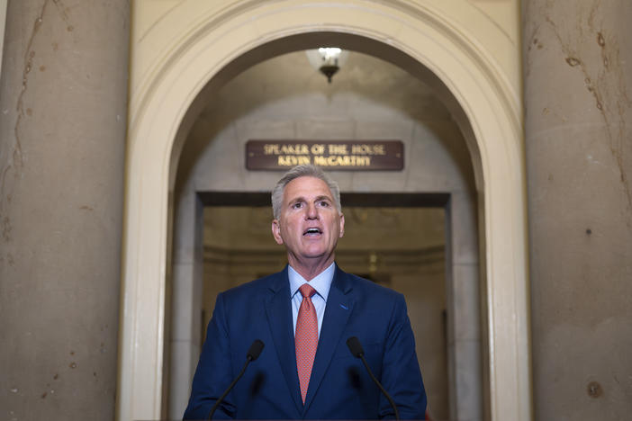 Speaker of the House Kevin McCarthy, R-Calif., speaks outside his Capitol office on Tuesday.