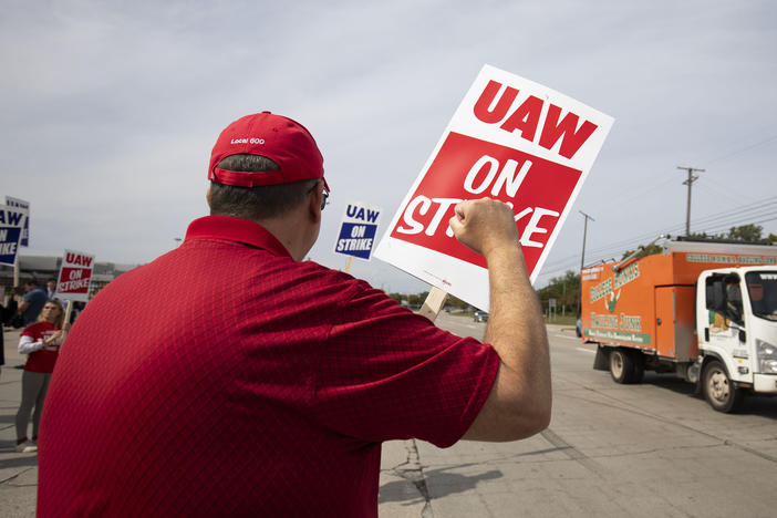 United Auto Workers members strike at the Ford Michigan Assembly Plant on Sept. 16 in Wayne, Mich.