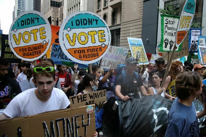 People rally to end fossil fuels in New York Sunday ahead of the 78th United Nations General Assembly and Climate Ambition Summit.