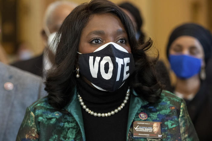 Democratic Rep. Terri Sewell of Alabama wears a mask that says "VOTE" at the U.S. Capitol in Washington, D.C., in 2022. On Tuesday, Sewell is reintroducing a House bill that would restore the Voting Rights Act after the U.S. Supreme Court dismantled key parts of the landmark civil rights law.