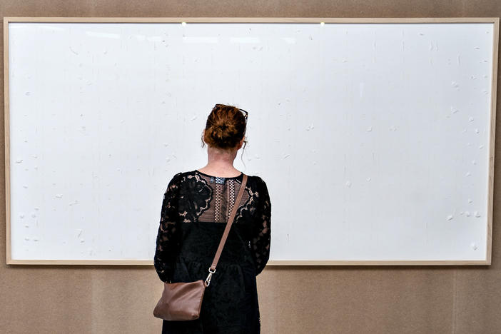 A woman stands in front of an blank canvas hung up at the Kunsten Museum in Aalborg, Denmark, in 2021. Danish artist Jens Haaning sent the museum blank canvasses under the title <em>Take the Money and Run</em>.