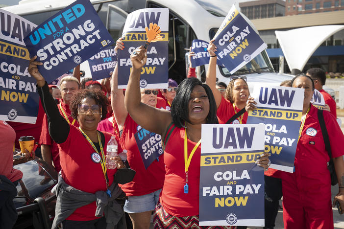 UAW members attend a solidarity rally amid the union's strike against the Big Three auto makers on Sept. 15, 2023, in Detroit.