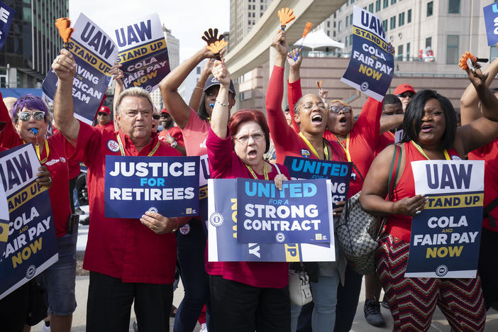 United Auto Workers members attend a solidarity rally as the UAW strikes the Big Three automakers on September 15, 2023 in Detroit, Michigan.
