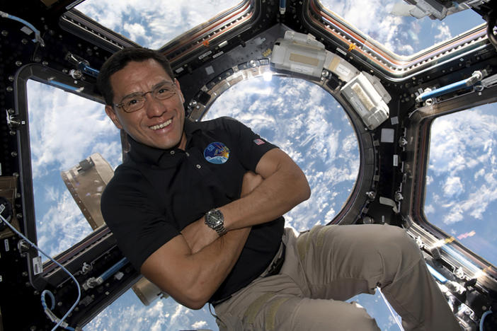 This image provided by NASA shows astronaut Frank Rubio floating inside the cupola, the International Space Station's "window to the world." Rubio now holds the record for the longest U.S. spaceflight. Rubio surpassed the U.S. record of 355 days on Monday, Sept. 11, 2023, at the International Space Station. He arrived at the outpost last September with two Russians for a routine six months.