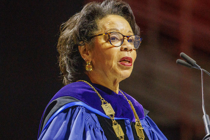 JoAnne A. Epps, acting president of Temple University, speaks during a Temple University graduation ceremony, May 11, 2023, at the Liacouras Center on Temple's campus in Philadelphia. Epps has died after collapsing at a memorial service Tuesday afternoon, Sept. 19, the university said.