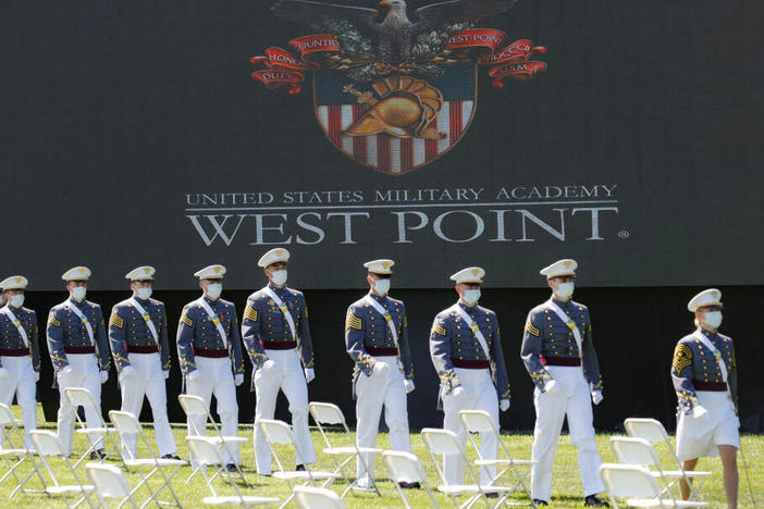 West Point graduating cadets are seen during commencement ceremonies at Plain Parade Field at the United States Military Academy on June 13, 2020, in West Point, N.Y.