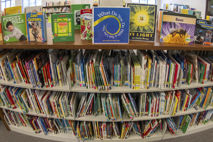 Books sit on shelves in an elementary school library in suburban Atlanta on Aug. 18.