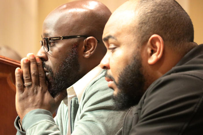 Eric Simmons (left) and Demetrius Smith, who were found innocent after spending years in prison for crimes they did not commit in Maryland, testify before state lawmakers for legislation to address how the wrongly incarcerated should be compensated by the state during a hearing on Feb. 26, 2020, in Annapolis, Md.