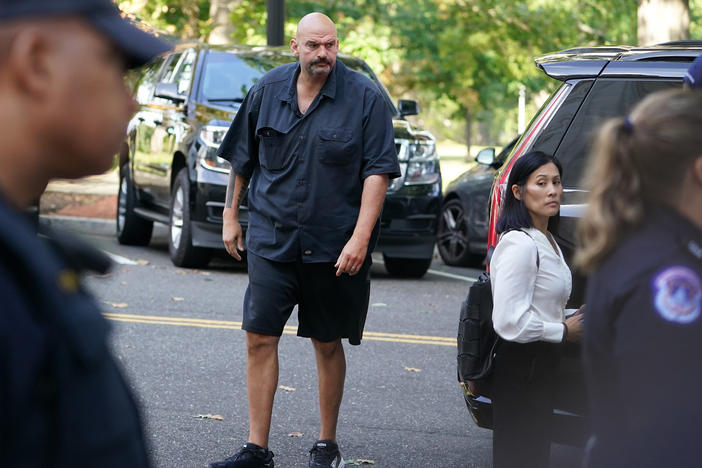 Sen. John Fetterman, D-Pa., arrives at the Russell Senate Office Building last Wednesday. The Senate's unwritten dress code will no longer be enforced as of this week.