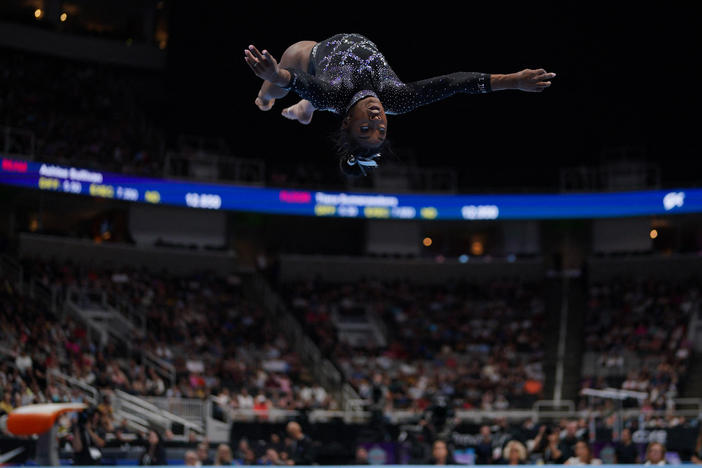 Simone Biles continues to soar: 10 years after putting elite gymnastics on notice, she's now heading to her sixth World Championships. Biles is seen here during the floor routine at last month's U.S. Gymnastics Championships.