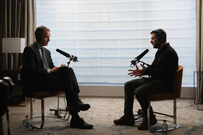 Steve Inskeep (left) interviews Ukrainian President Volodymyr Zelenskyy in New York City on Wednesday.