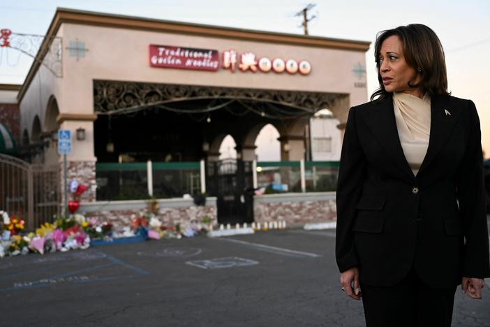 Vice President Harris speaks about the victims of the mass shooting in Monterey Park, Calif. in front of a makeshift memorial at the Star Ballroom Dance Studio on Jan. 25, 2022.