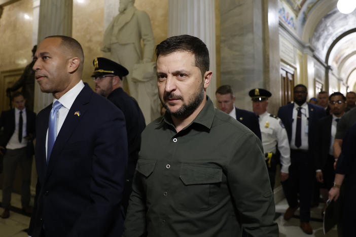 Ukrainian President Volodymyr Zelenskyy arrives in the U.S. Capitol Thursday alongside House Minority Leader Rep. Hakeem Jeffries, a Democrat from New York.