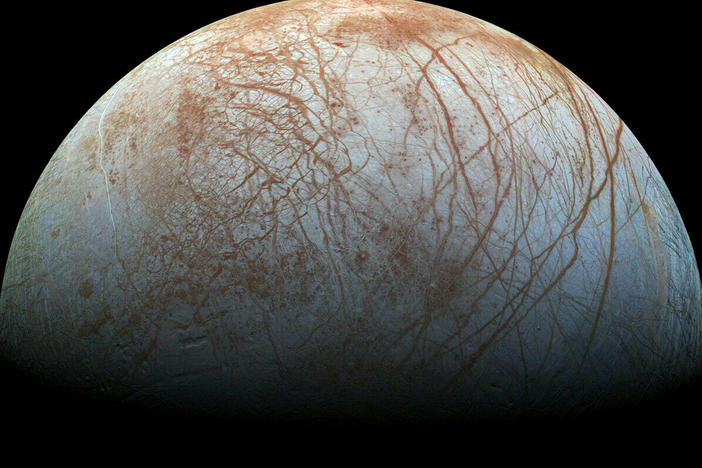 New analysis has found a source of carbon within Europa, Jupiter's moon that is believed to hold massive amounts of liquid water. This view of the moon was created from images taken by NASA's Galileo spacecraft in the late 1990s.