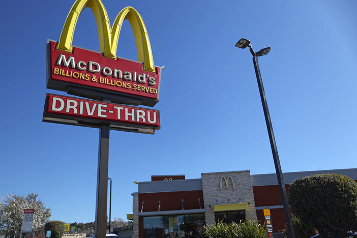 A sign is posted in front of a McDonald's restaurant on April 3 in San Pablo, Calif.