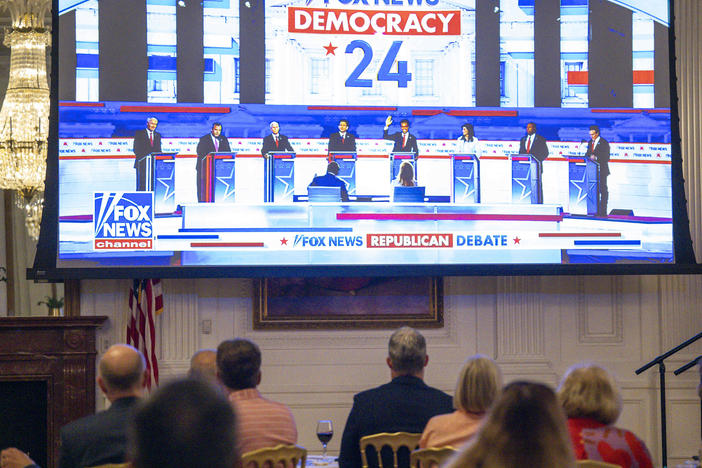 Republicans and others watch the broadcast at the official watch party of the Republican presidential candidates debate at The Richard Nixon Library and Museum in Yorba Linda, Calif., on Aug. 23.